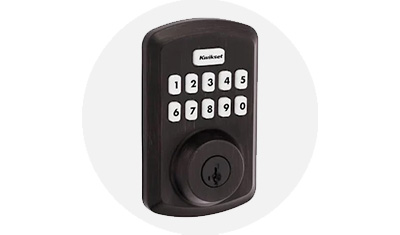 Kwikset Powerbolt Collection Electronic Deadbolt product isolated on top of a gray circle